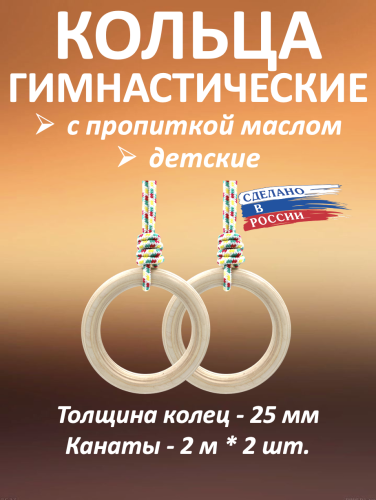 Кольца гимнастические детские 25 мм с канатами с пропиткой